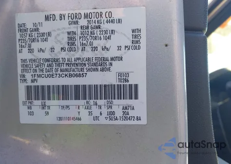 2012 Ford Escape Limited из США, поврежденный, VIN 1FMCU0E73CKB06857